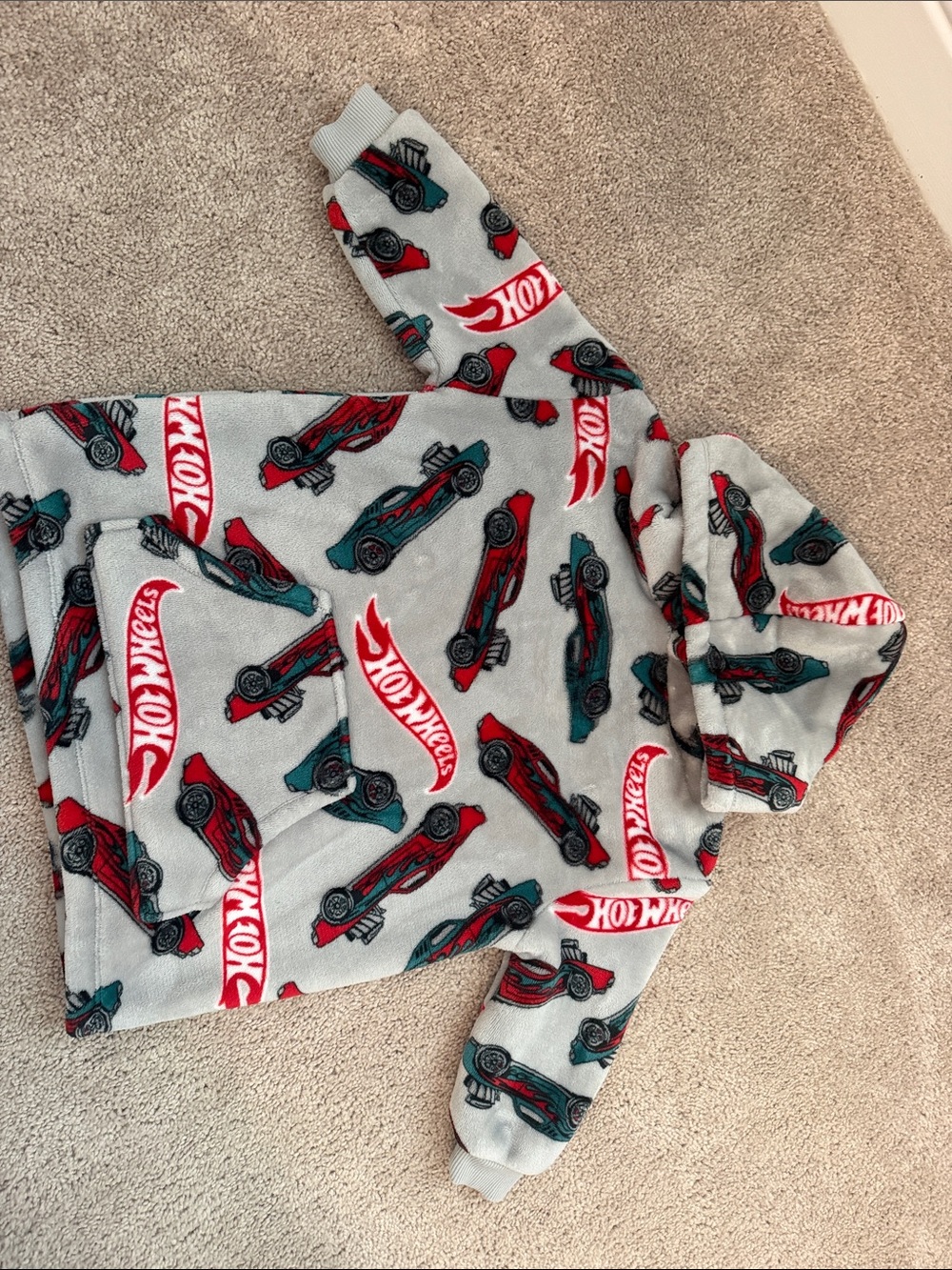 Hot Wheels Hooded Fleece Pullover - Gray with Red & Teal Cars